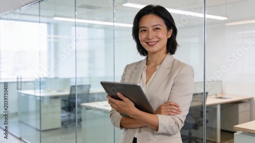 Confident businesswoman stands in modern office holding digital tablet while smiling.