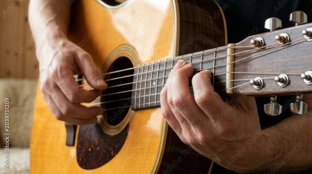 Fototapeta premium Close-up of a person's hands strumming an acoustic guitar, playing chords and music