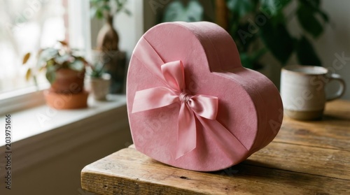 Heart shaped gift box covered in soft pink fabric and tied with ribbon bow rests on wooden table near window.