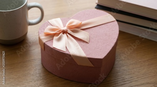 Heart shaped pink gift box tied with silk ribbon bow rests on wooden table beside ceramic mug and stacked books