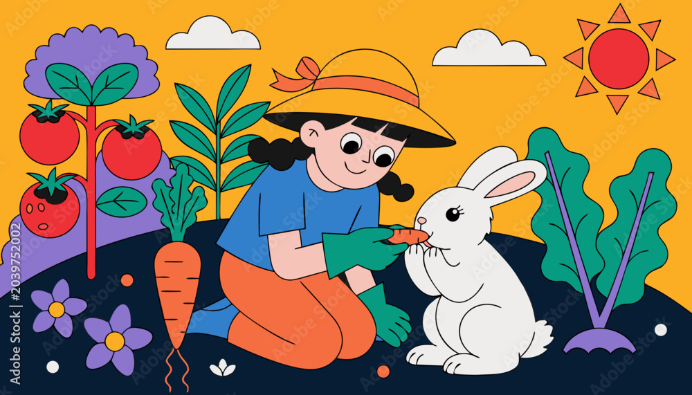 Naklejka premium Very beautiful child gently feeding a fluffy rabbit in a sunny vegetable garden, surrounded by fresh plants, colorful blooms, and a heartwarming atmosphere of care and friendship.