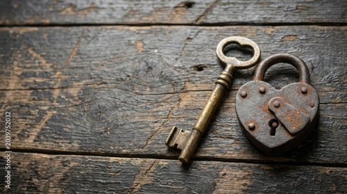 Vintage key and heart shaped padlock rest upon rustic wooden surface.