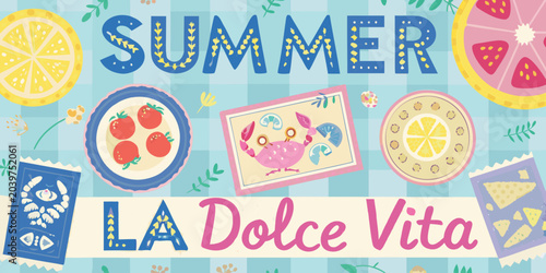 Fényképezés summer travel sticker set colorful vector illustration