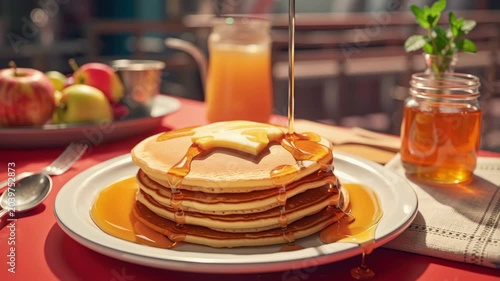 A delectable stack of golden pancakes, generously drizzled with rich, amber syrup cascading down their fluffy sides. A pat of melting butter rests on top, completing this classic breakfast scene. The 