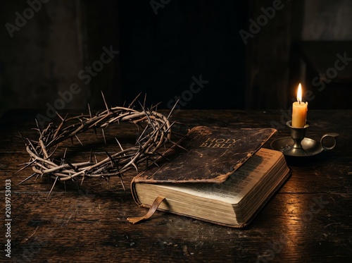 Crown of thorns and an old holy bible on a rustic wooden table with a burning candle in dark mood