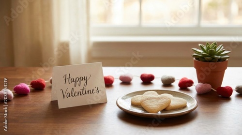 Heart shaped cookies are displayed on plate with greeting card and potted plant on wooden table