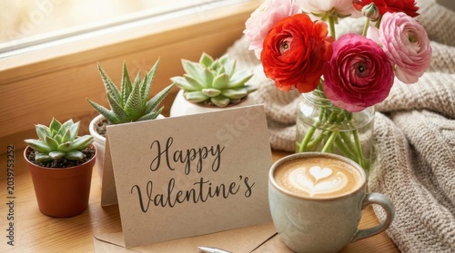 Warm morning scene displays coffee mug with heart foam art beside greeting card and colorful flowers on wooden windowsill