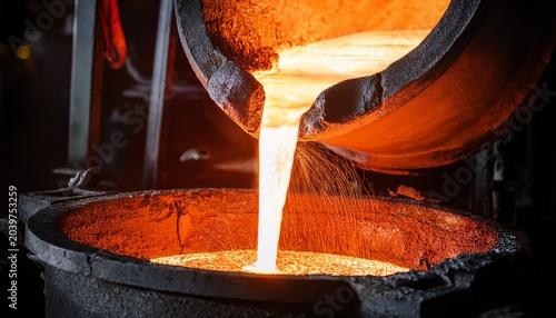 process of casting molten metal at high temperature from bucket into dark surface metallurgical industry foundry production close up
