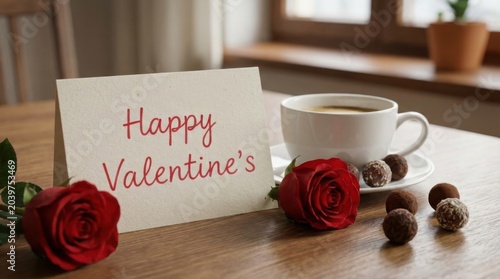 Romantic greeting card with loving message rests beside red roses coffee cup and chocolates on wooden table