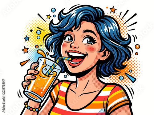 Vibrant Pop Art Illustration of a Happy Young Woman Drinking Orange Soda, Summer Refreshment Character with Blue Hair