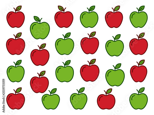 Vibrant red and green apple illustrations form a seamless pattern on white background, ideal for healthy food concepts.