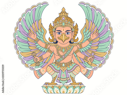 Vibrant vector illustration of mythical Garuda, a bird-man deity, depicted with pastel colors and ornate traditional details against a white background.