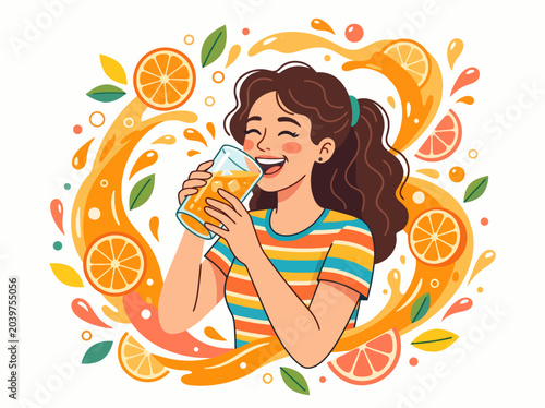 Woman happily drinks fresh orange juice with fruit slices and splashes.