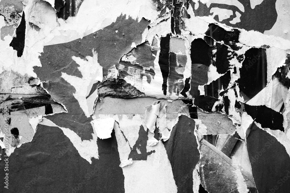 Fototapeta premium Old ripped torn black and white fly posters textures backgrounds grunge creased crumpled paper vintage collage placards empty space for text