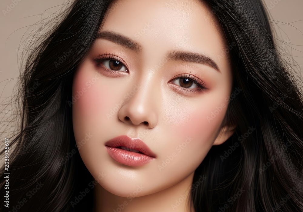 Fototapeta premium Close up portrait of a young asian woman with flawless skin and subtle rose toned makeup studio lighting