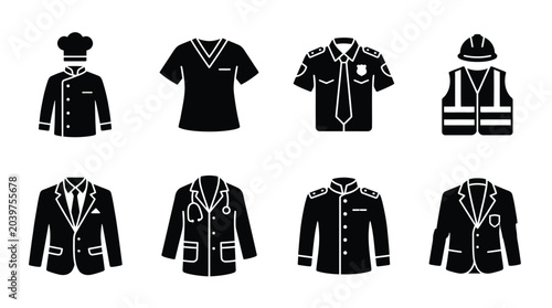 Collection of various professional uniforms and work attire in black silhouette