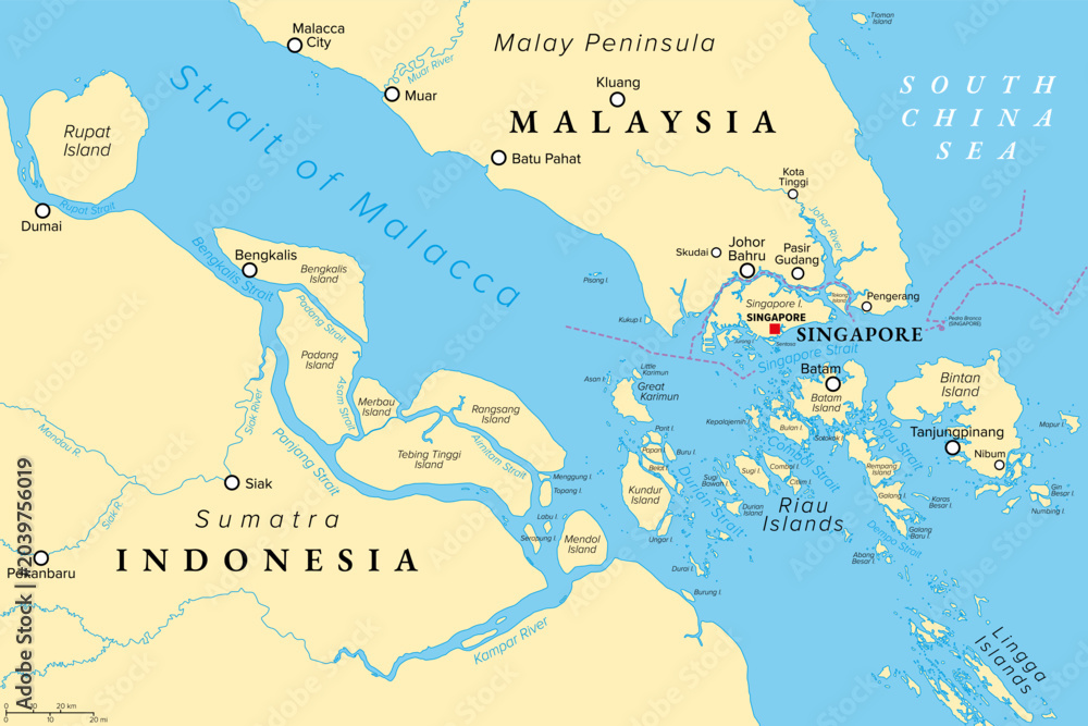 Fototapeta premium Political map of Singapore and southern part of the Strait of Malacca, a choke point of global container shipping in Southeast Asia, through Singapore Strait north of Riau Islands of Indonesia. Vector