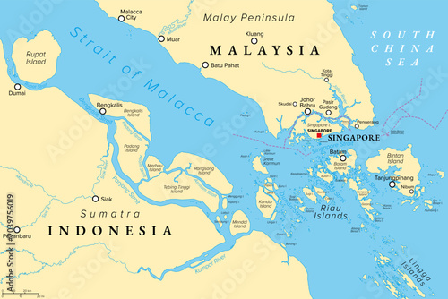 Political map of Singapore and southern part of the Strait of Malacca, a choke point of global container shipping in Southeast Asia, through Singapore Strait north of Riau Islands of Indonesia. Vector