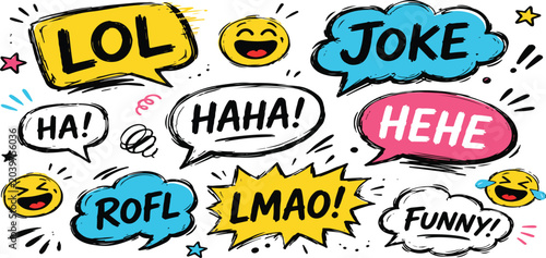 Colorful hand-drawn comic speech bubbles with laughter expressions and funny slang doodles.
