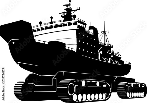 Tableau sur toile amphibious vehicle, tank, ship, military, black and white, vector illustration