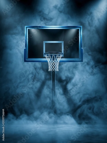 Basketball hoop with rim, blue moody smoke background.