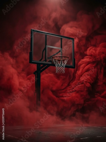 Basketball hoop with red smoke, dramatic dark court.