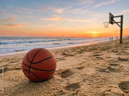 Basketball on beach sand, sunset ocean background.