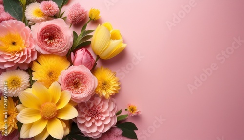 A Pink And Yellow Flower Arrangement With A Pink Background