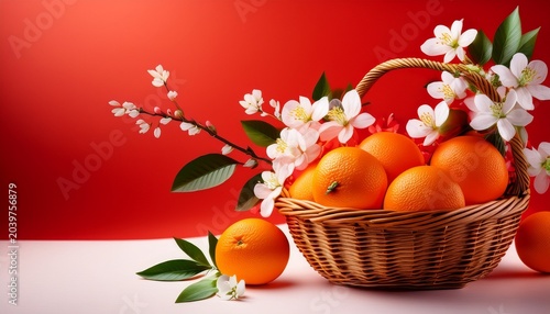 A Vibrant Display Of Oranges In A Wicker Basket Against A Red Background With Blossoming Branches Image 2 69 Jpg