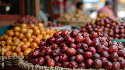 Vibrant fruit display at bustling market with fresh produce