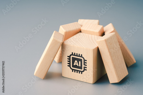 Tableau sur toile Wooden Blocks Leaning On AI, AI Dependency And Support Concept