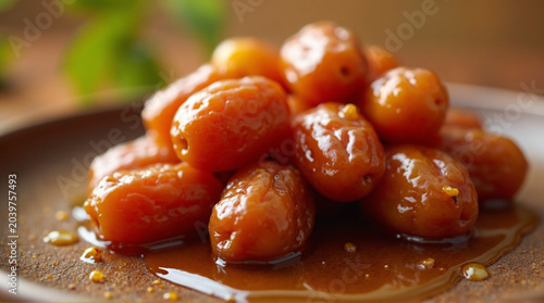 Delicious caramelized dates on a plate with sweet sauce