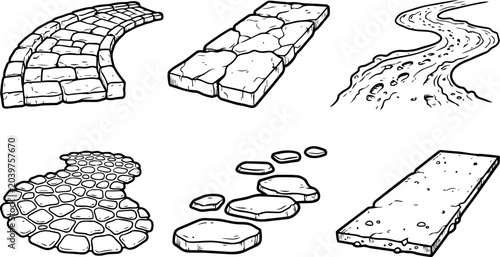 Collection of diverse stone and concrete path vector illustrations for landscape design and architectural project layouts