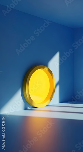 Bright yellow circle on blue wall.