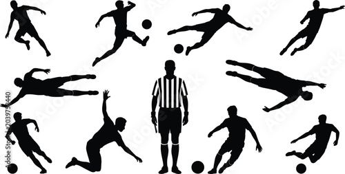 Foto Soccer referee standing amidst dynamic player silhouettes in action during a gam