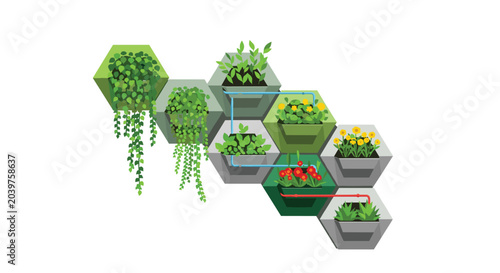 Automated vertical hexagonal wall garden system featuring connected irrigation pipes and diverse indoor green plants arranged on a clean white background in bright studio light.
