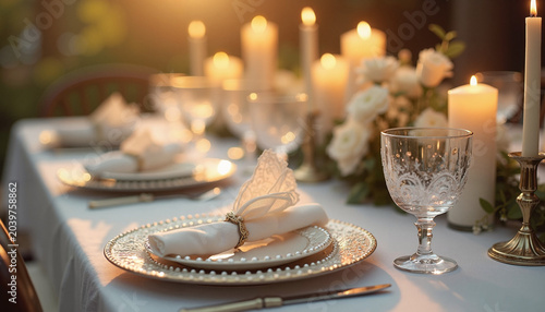 Elegant dining table set with candles and floral arrangements
