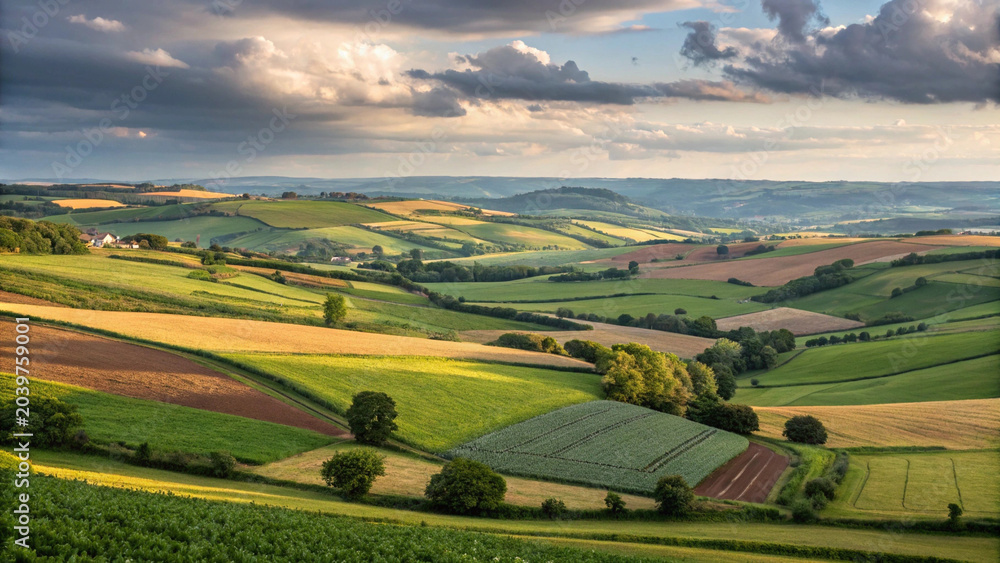 Naklejka premium Rolling countryside fields with patchwork farmland patterns