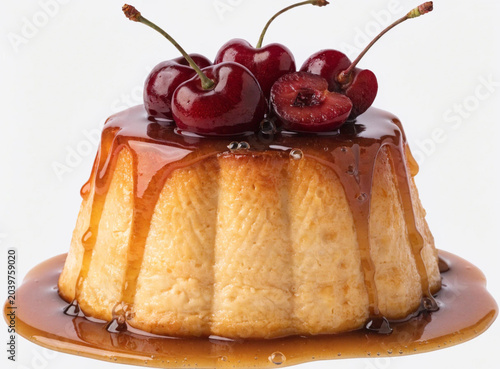 Delicious flan dessert with caramel and cherry isolated on white background