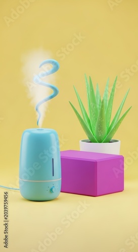 Humidifier next to potted plant on block.