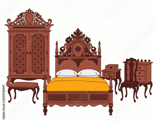 Tableau sur toile Elaborate wooden bedroom set featuring intricate carvings and traditional detail