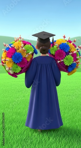 Graduate holding colorful balloons outdoors.