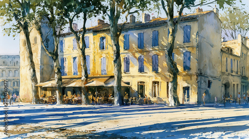 Watercolor painting of a sunny European plaza with outdoor cafe terraces, plane trees, and traditional yellow buildings with blue shutters in Provence France