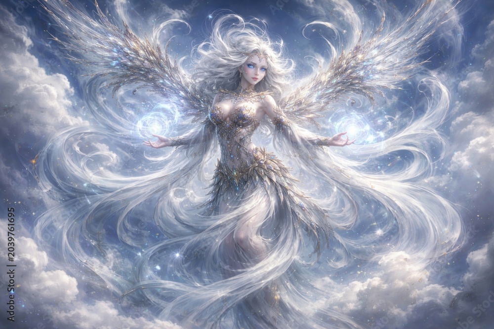 Obraz premium Ethereal angelic figure amidst clouds.