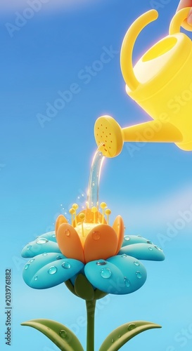 Yellow watering can on blue flower.