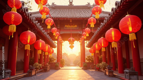 Vibrant Chinese temple entrance with red lanterns at sunset