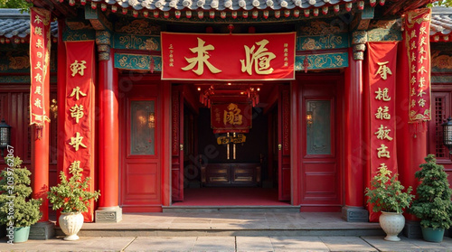 Vibrant traditional Chinese temple entrance with red lanterns and golden calligraphy