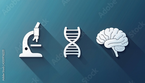 Scientific icons of microscope, DNA helix, and brain on blue background
