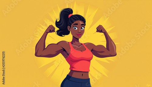 Confident woman flexing muscles in athletic wear against yellow background

