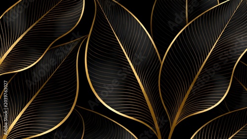Abstract golden leaf patterns on a black background